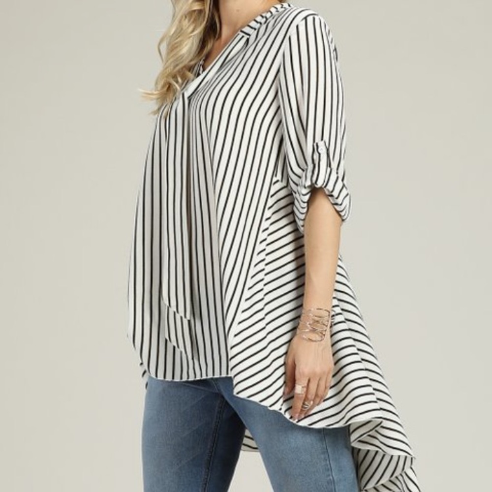 Suzanne Betro Striped Tie-Neck Hi-Low Tunic
